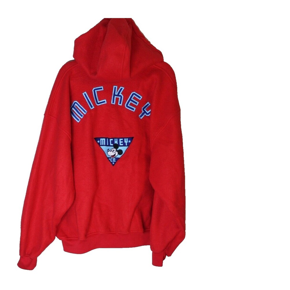 90's XL Disney Mickey & Co Red Fleece Full-Zip Embroidered (in Blue) Hoodie VTG